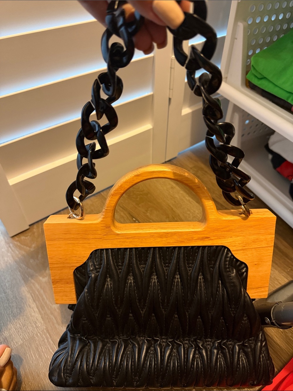 Nautica Black Quilted Leather Mini Bag with Wood Top Handle